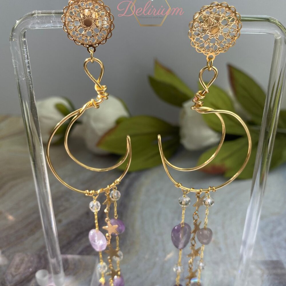 Amethyst Dangle Earrings- Moon drop earrings - Moon statement earrings